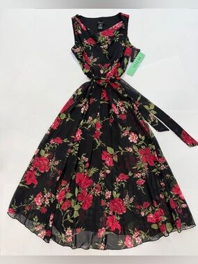 ALEXA B Sleeveless Maxi Flowy Dress Black Red Green Floral Resortwear (8P) NWT